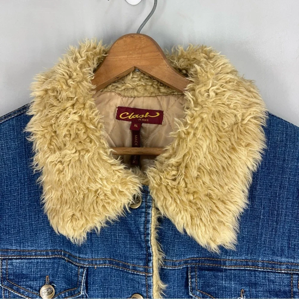Vintage Y2K Clash Denim Jacket Faux fur collar women size XL - Picture 2 of 9